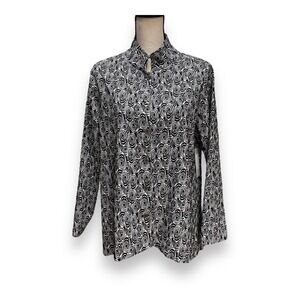 Ali Miles Womens Medium Black White Geometric High Neck Button Up Blouse NEW
